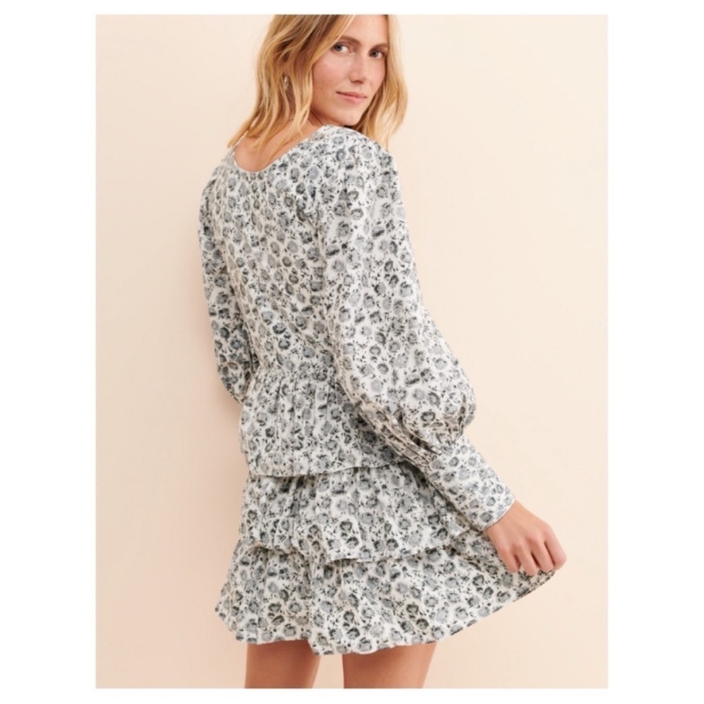 LoveShackFancy Paris Grey Floral Ruffle Tiered Long Puff Sleeve Mini Dress Sz 6 - Picture 2 of 15